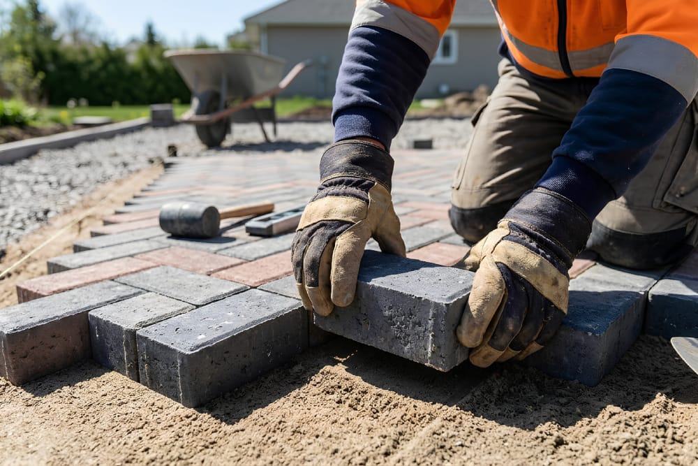 Professional worker laying interlock paver stones for a custom backyard patio installation in Hamilton, Ontario